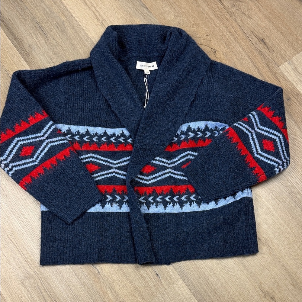 Lucky Brand Fair Isle Shawl Collar Open Front Cardigan Navy Knit Sweater NWT L